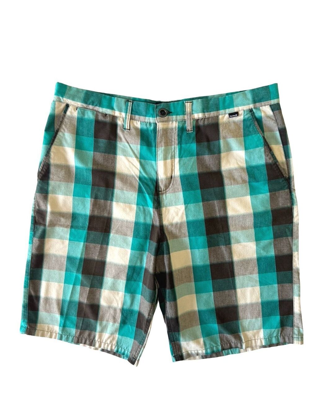Hurley Plaid Walk Shorts Men’s 36 Turquoise Black Surf Skate 10 Inseam